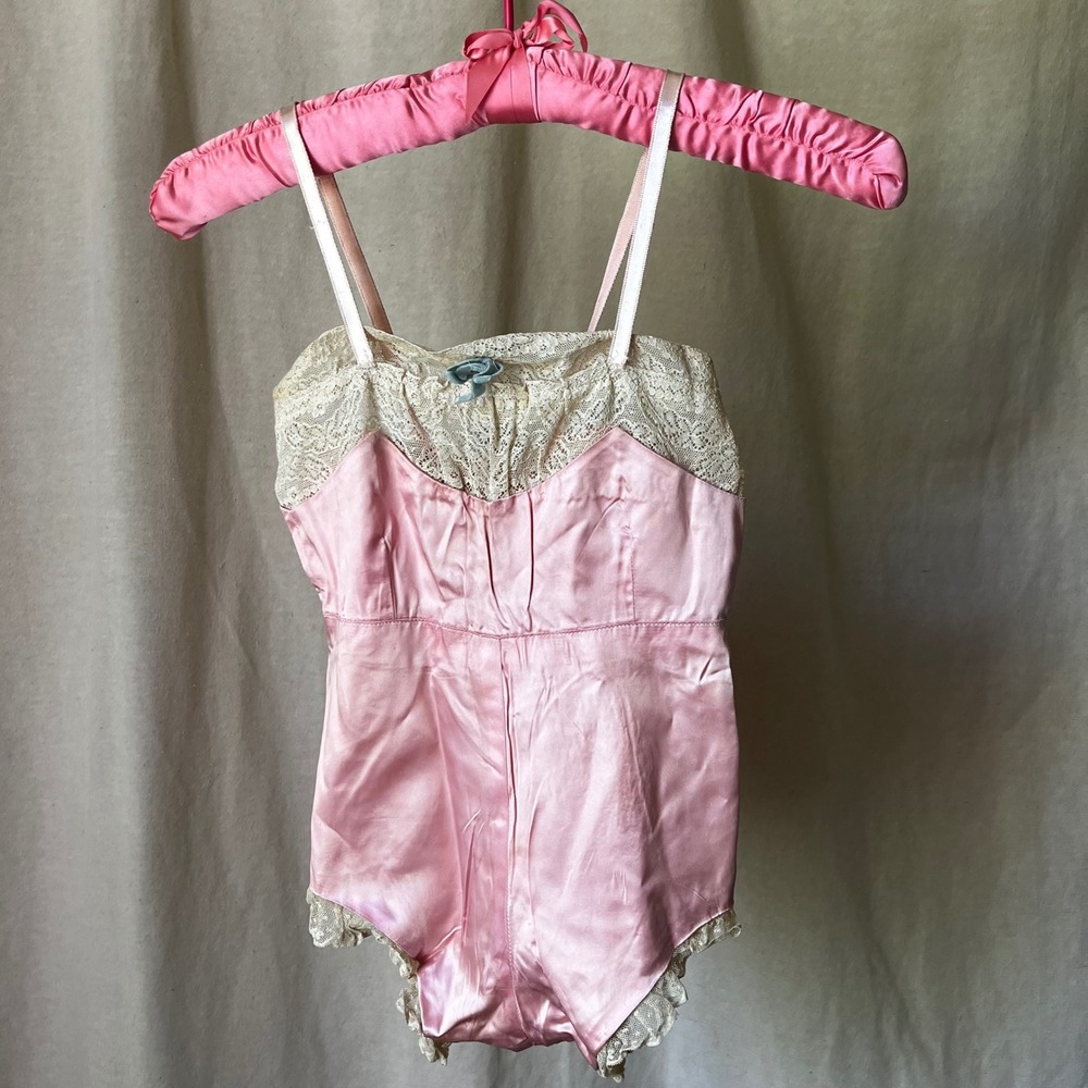 Vintage Pink Satin Teddy Romper Lace Boudoir Lingerie Pinup 1940s 1950s